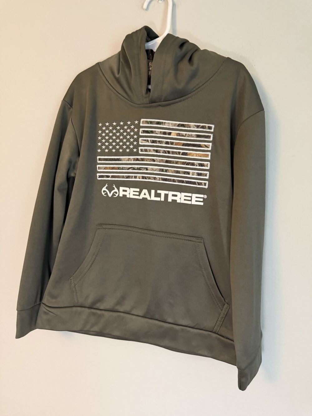 Realtree Boys Pullover Hoodie 6Y Dark Gray Camouflage Flag Fleece Polyester